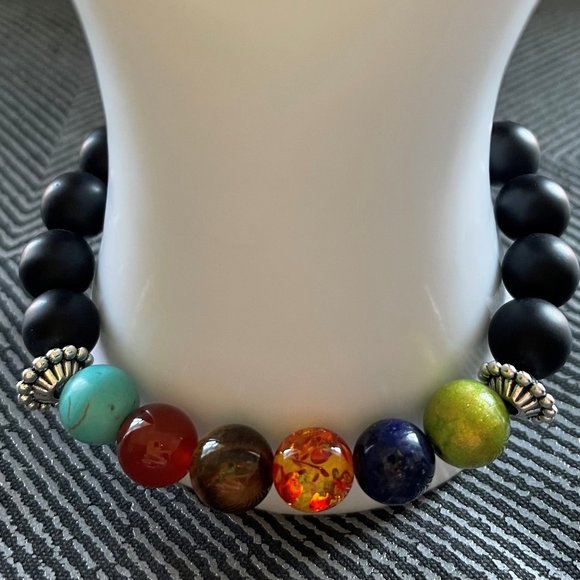 10mm Chakra and Black Matte Onyx Agate Gemstone Stretch Bracelet - Picture 3 of 7